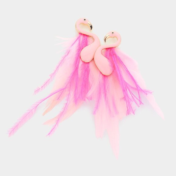 Enamel Flamingo Feather Earrings Tropical Pink Bird Jewelry NEW - Picture 2 of 3
